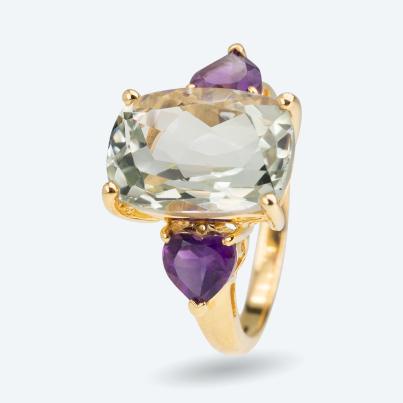 Ring 925 Silber vergoldet Prasiolith+Amethyst