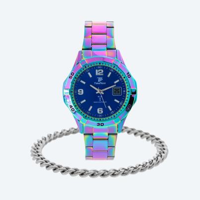 Time Piece Funkuhr Rainbow Plating + Panzerarmband