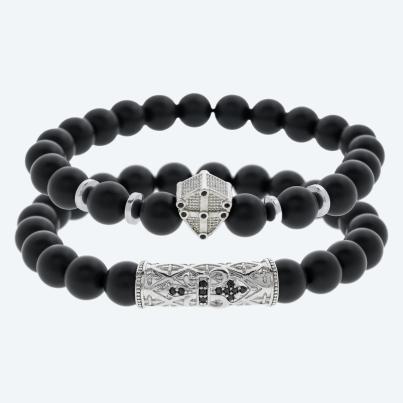 SET: 2x Armband Achat schwarz, silberfarbig