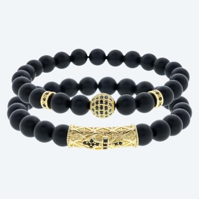 SET: 2x Armband Achat schwarz, goldfarbig