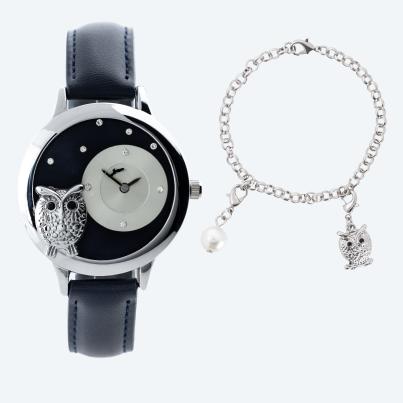 Set: Damenuhr & Armband 'Eule' silber