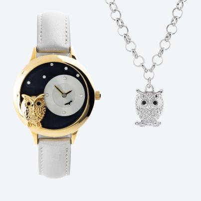 Set: Damenuhr & Kette 'Eule' gold-silber
