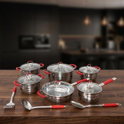 First Cuisine Topfset 15 tlg. mit roten Griffen