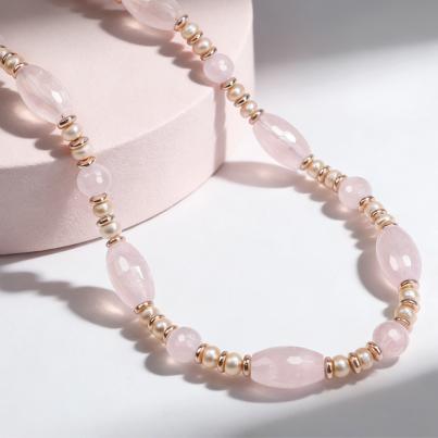 Collier Rosenquarz, Süßwasserzuchtperlen