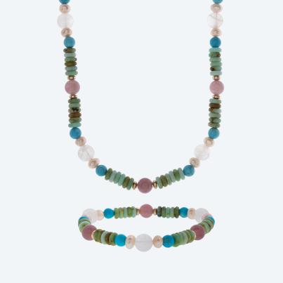 SET: Collier+Armband Rosenquarz, Amazonit, Howlith