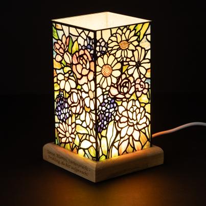 Design-Tischleuchte mit Spruch Sonne Blumen Farben