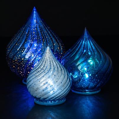 3er Set LED-Glastropfen blau